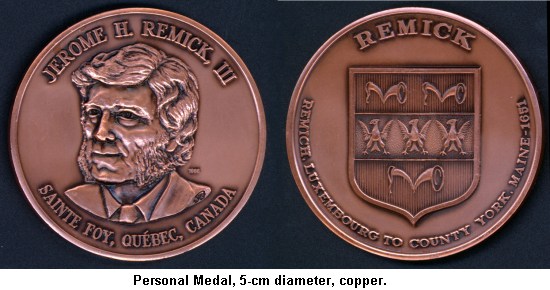 Jerry Remick's personal medal showing the Remick family coat of arms